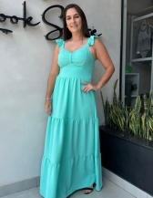 Vestido longo com alça de babado - Verde-água