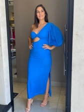 Vestido midi em linho azul claro