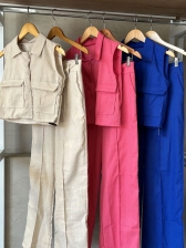 Conjunto em linho colete e calça - Azul