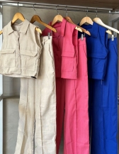 Conjunto em linho colete e calça - Areia